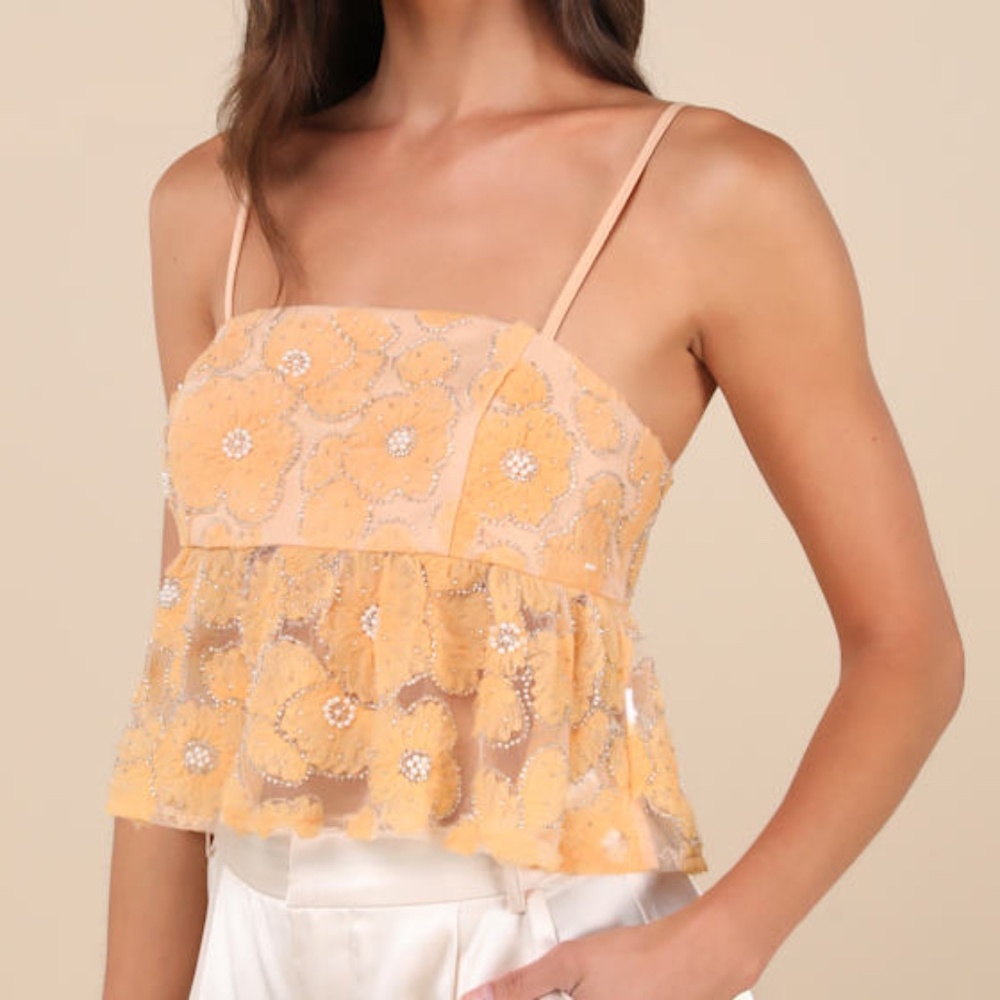 Lulus Ideal Attitude Yellow Applique Beaded Floral Cropped Tank Top - Size XL